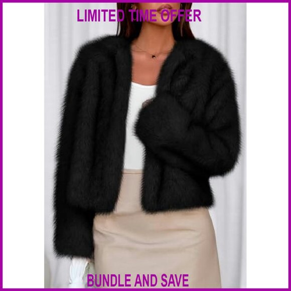 Cropped Faux Fur Jacket Open Front Fluffy Winter Coat Women's Outerwear - Picture 7 of 8